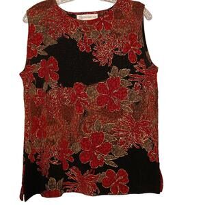 EUC ILyse Hart Ltd Size L Sleeveless Rounded Neck Black Red Floral Top